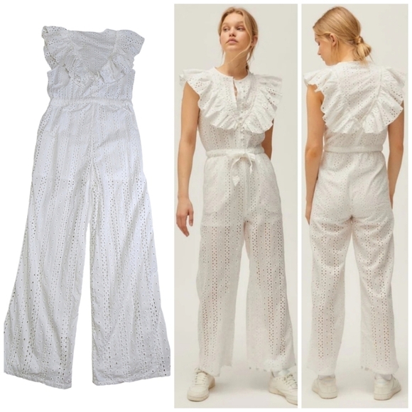 Urban Outfitters Magnolia Eyelet Ruffle Jumpsuit Size Medium White OB974249 - Picture 1 of 15